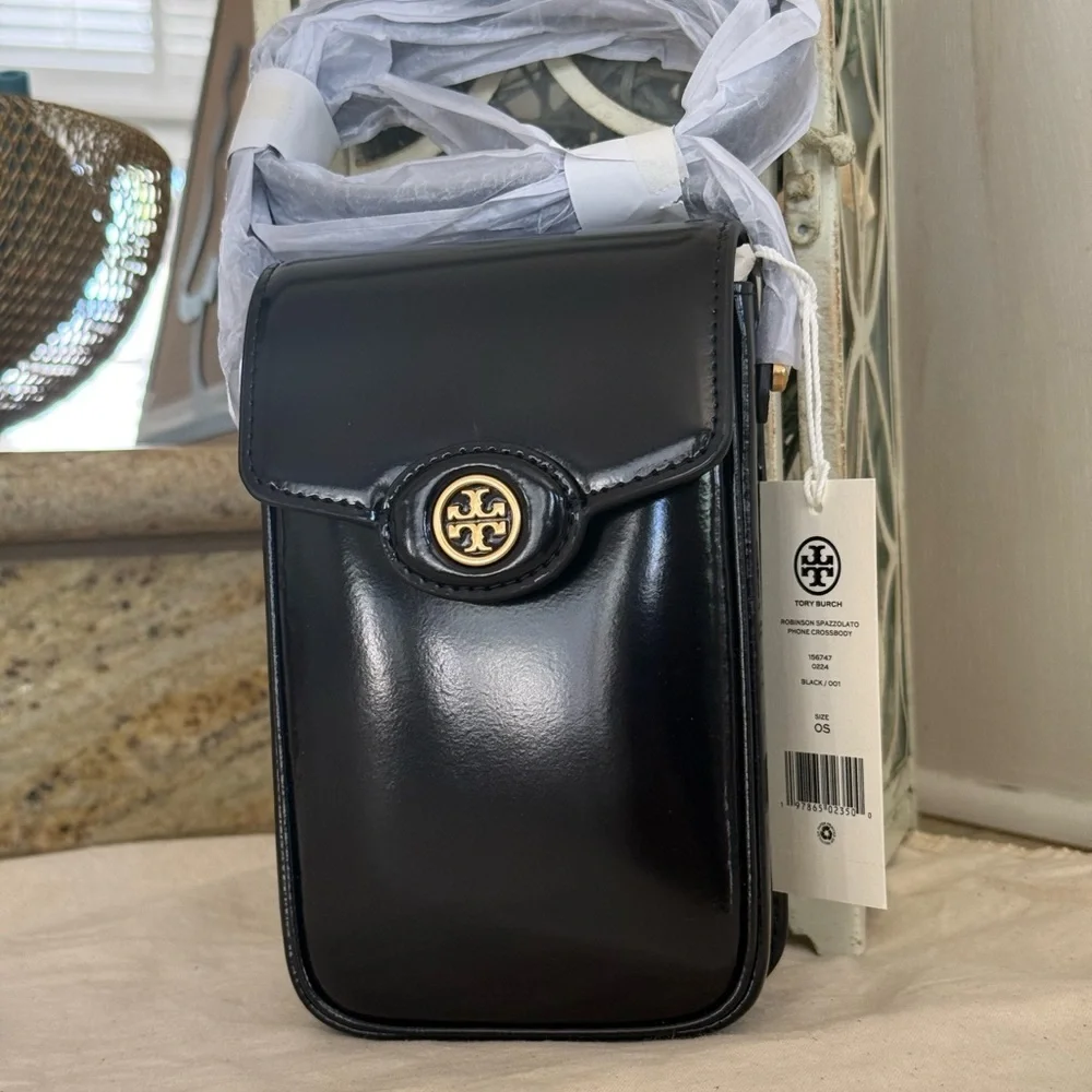 NEW Tory Burch Robinson Spazzolato Phone Crossbody - Leather - Black